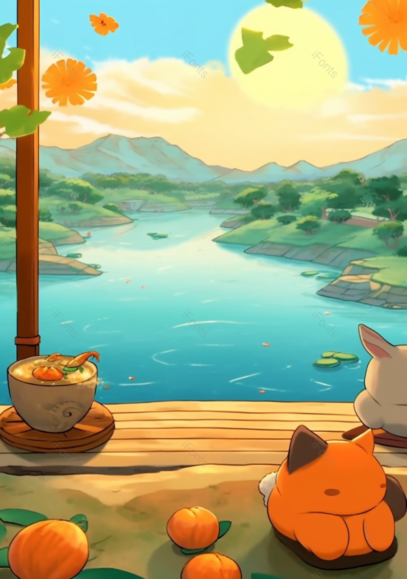 橙色山水晚霞卡通动物插画背景,插画/手绘图,插画/手绘图库,插画/手绘图下载,插画/手绘